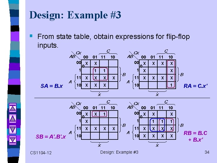 Design: Example #3 § From state table, obtain expressions for flip-flop inputs. AB SA