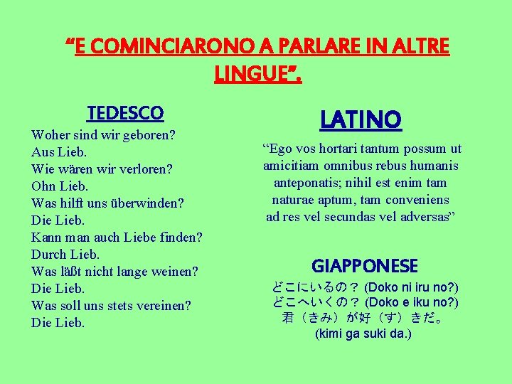 “E COMINCIARONO A PARLARE IN ALTRE LINGUE”. TEDESCO Woher sind wir geboren? Aus Lieb.