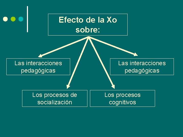 Efecto de la Xo sobre: Las interacciones pedagógicas Los procesos de socialización Las interacciones