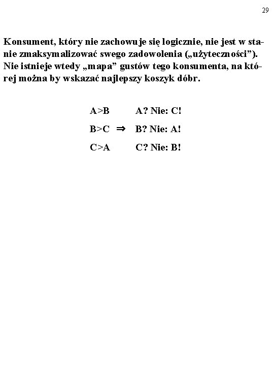 29 Konsument, który nie zachowuje się logicznie, nie jest w stanie zmaksymalizować swego zadowolenia