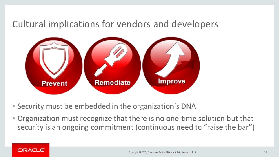 Cultural implications for vendors and developers • Security must be embedded in the organization’s Cultural implications for vendors and developers • Security must be embedded in the organization’s