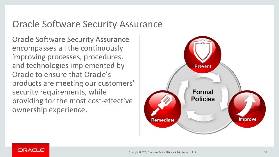 Oracle Software Security Assurance encompasses all the continuously improving processes, procedures, and technologies implemented Oracle Software Security Assurance encompasses all the continuously improving processes, procedures, and technologies implemented
