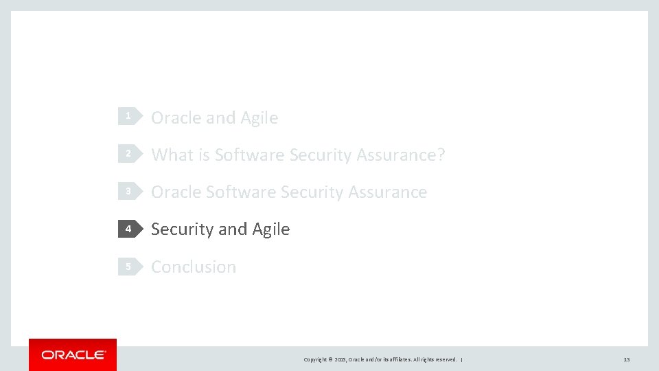 1 Oracle and Agile 2 What is Software Security Assurance? 3 Oracle Software Security 1 Oracle and Agile 2 What is Software Security Assurance? 3 Oracle Software Security
