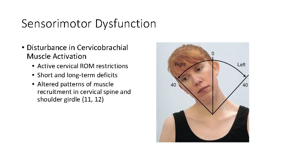 Sensorimotor Dysfunction • Disturbance in Cervicobrachial Muscle Activation • Active cervical ROM restrictions • Sensorimotor Dysfunction • Disturbance in Cervicobrachial Muscle Activation • Active cervical ROM restrictions •