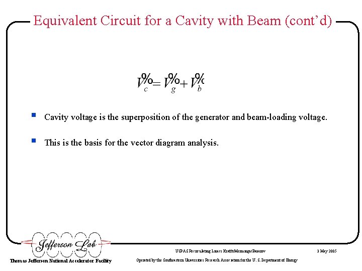 Equivalent Circuit for a Cavity with Beam (cont’d) § Cavity voltage is the superposition