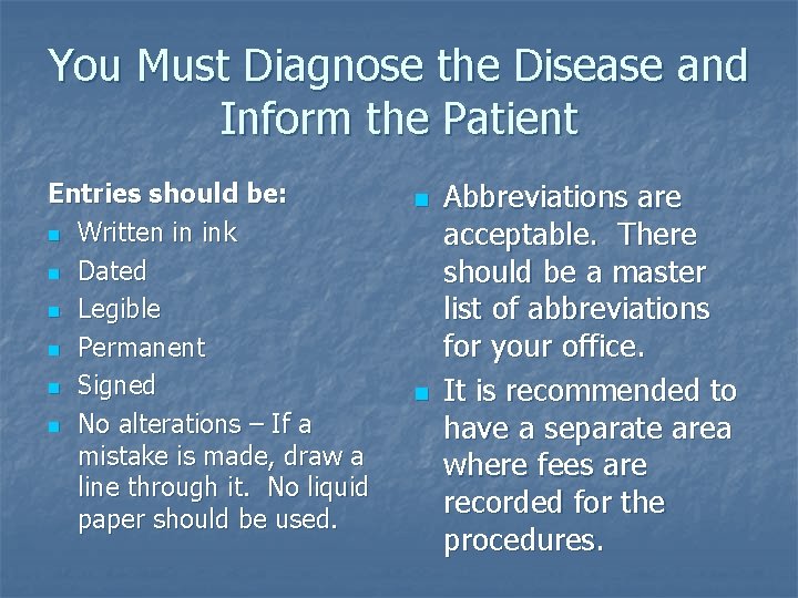 You Must Diagnose the Disease and Inform the Patient Entries should be: n Written