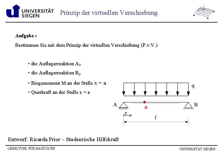 Prinzip der virtuellen Verschiebung Aufgabe : Bestimmen Sie mit dem Prinzip der virtuellen Verschiebung