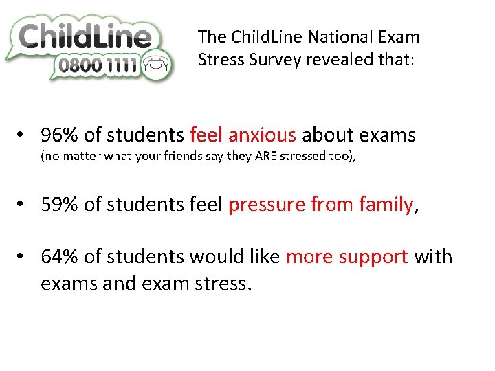 The Child. Line National Exam Stress Survey revealed that: • 96% of students feel