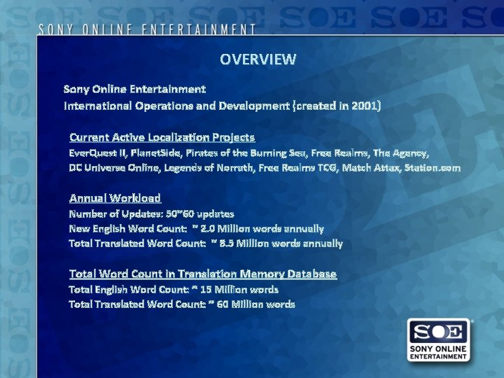 OVERVIEW Sony Online Entertainment International Operations and Development (created in 2001) Current Active Localization