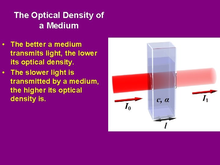 The Optical Density of a Medium • The better a medium transmits light, the