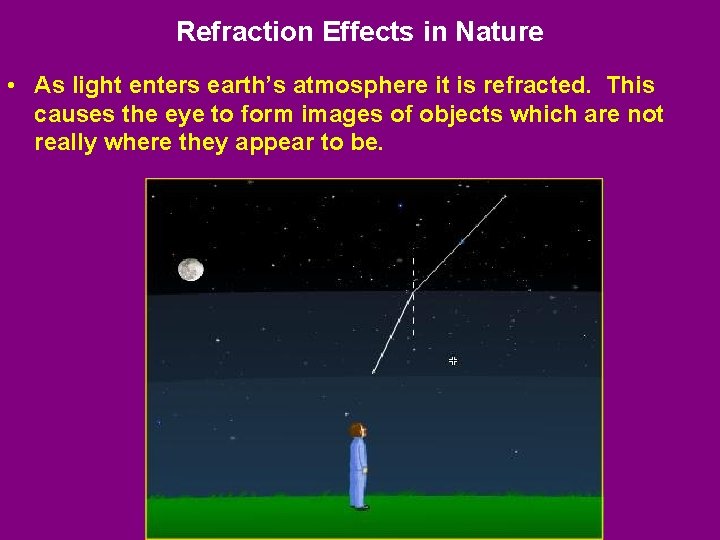 Refraction Effects in Nature • As light enters earth’s atmosphere it is refracted. This
