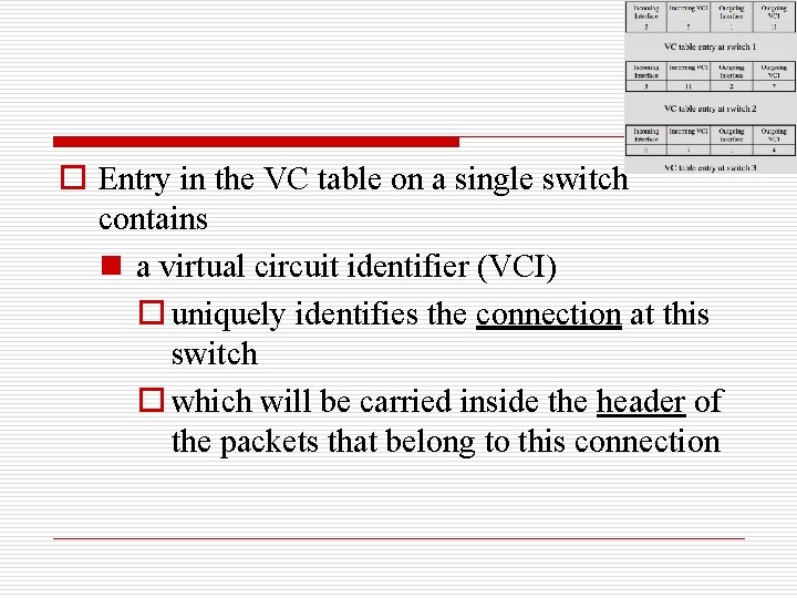 o Entry in the VC table on a single switch contains n a virtual
