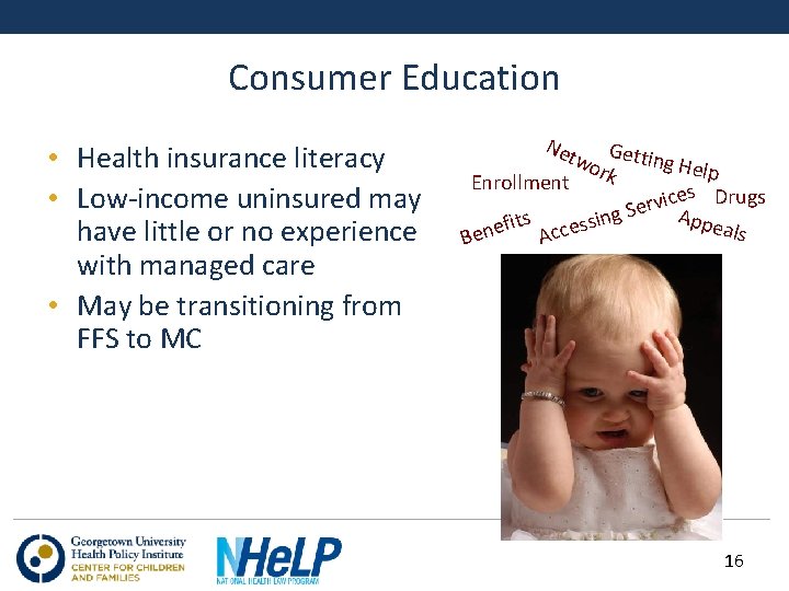 Consumer Education • Health insurance literacy • Low-income uninsured may have little or no
