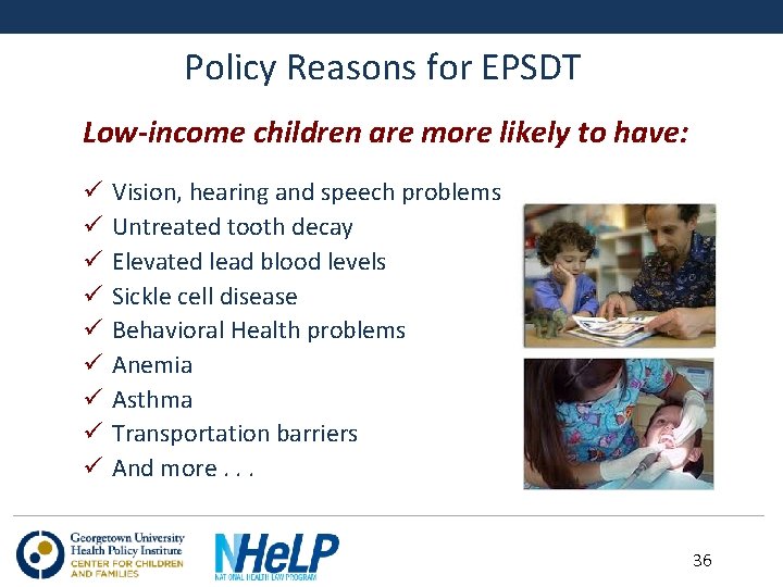 Policy Reasons for EPSDT Low-income children are more likely to have: ü ü ü