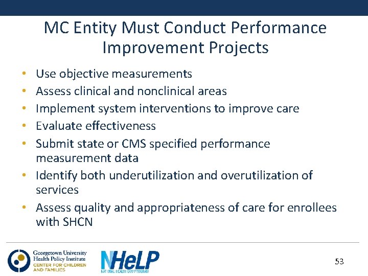 MC Entity Must Conduct Performance Improvement Projects Use objective measurements Assess clinical and nonclinical