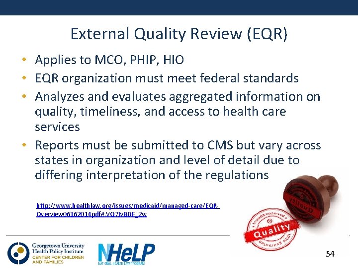 External Quality Review (EQR) • Applies to MCO, PHIP, HIO • EQR organization must