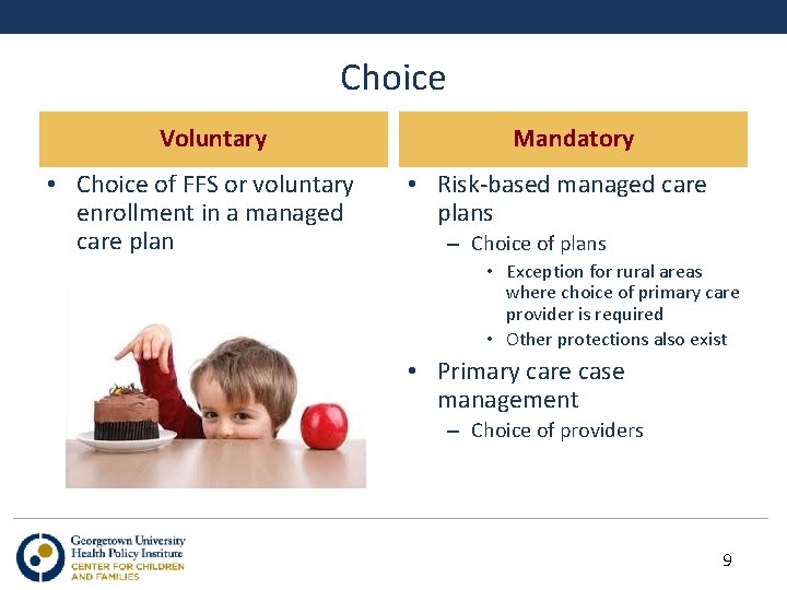 Choice Voluntary • Choice of FFS or voluntary enrollment in a managed care plan