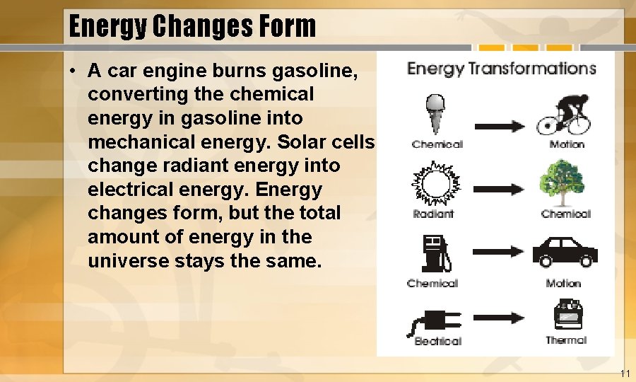 Energy Changes Form • A car engine burns gasoline, converting the chemical energy in