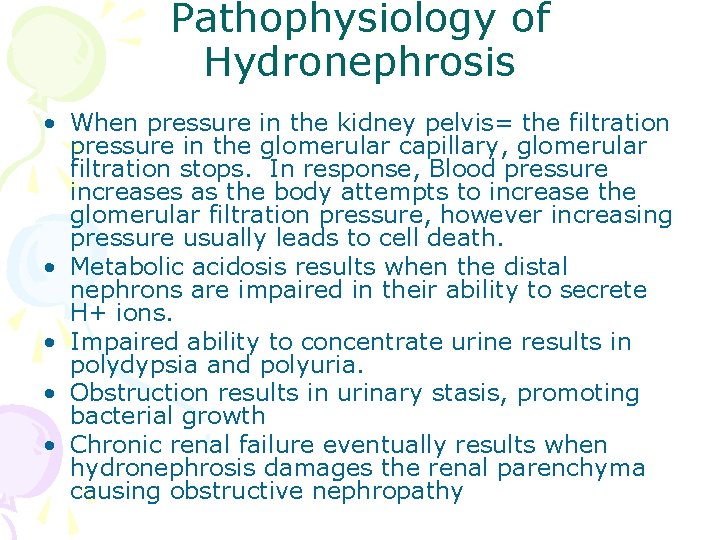 Pathophysiology of Hydronephrosis • When pressure in the kidney pelvis= the filtration pressure in