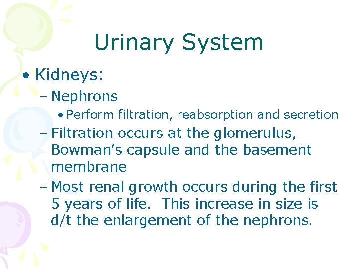 Urinary System • Kidneys: – Nephrons • Perform filtration, reabsorption and secretion – Filtration