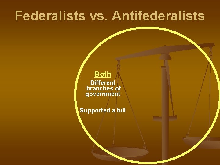 Federalists vs. Antifederalists Both Different branches of government Supported a bill 