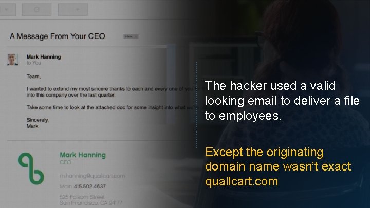 The hacker used a valid looking email to deliver a file to employees. Except