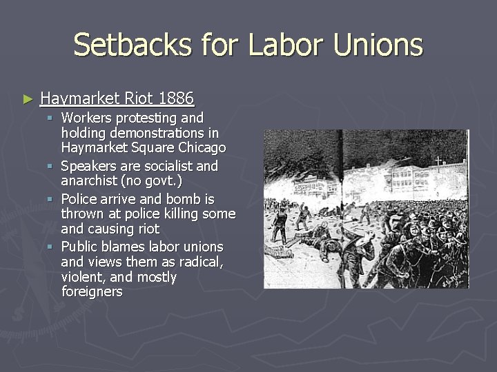 Setbacks for Labor Unions ► Haymarket Riot 1886 § Workers protesting and holding demonstrations