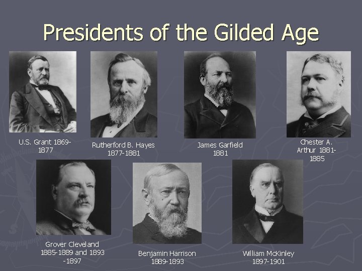 Presidents of the Gilded Age U. S. Grant 18691877 Rutherford B. Hayes 1877 -1881