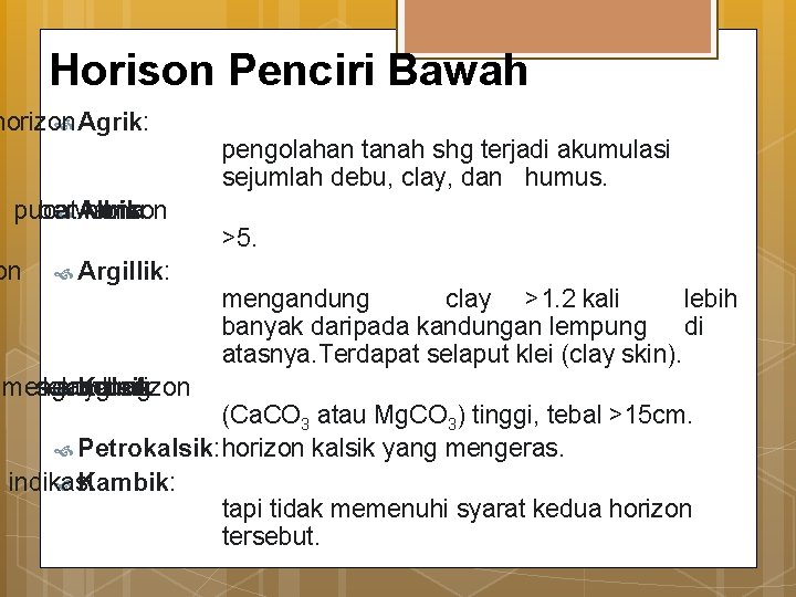 Horison Penciri Bawah horizon Agrik: pucat berwarna Albik: horison on Argillik: mengandung sekunder karbonat Horison Penciri Bawah horizon Agrik: pucat berwarna Albik: horison on Argillik: mengandung sekunder karbonat