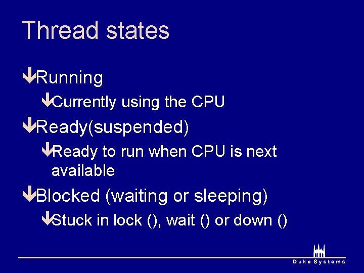 Thread states êRunning êCurrently using the CPU êReady(suspended) êReady to run when CPU is