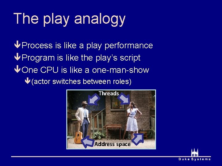 The play analogy ê Process is like a play performance ê Program is like