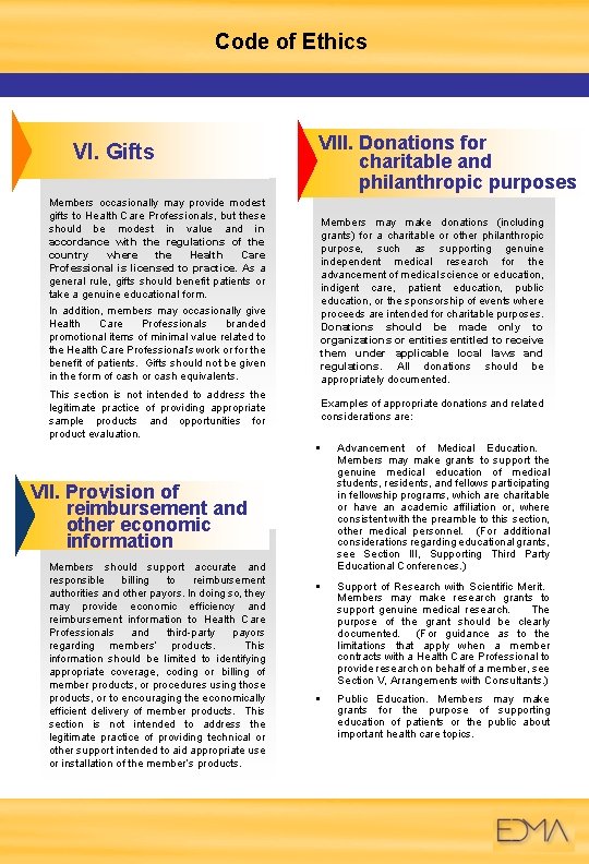 Code of Ethics VI. Gifts VIII. Donations for charitable and philanthropic purposes Members occasionally