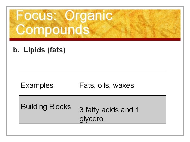 Focus: Organic Compounds b. Lipids (fats) Examples Fats, oils, waxes Building Blocks 3 fatty