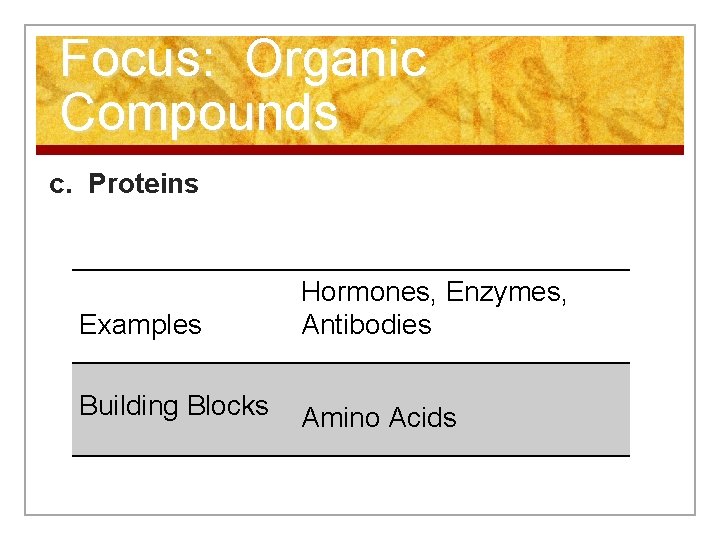 Focus: Organic Compounds c. Proteins Examples Hormones, Enzymes, Antibodies Building Blocks Amino Acids 