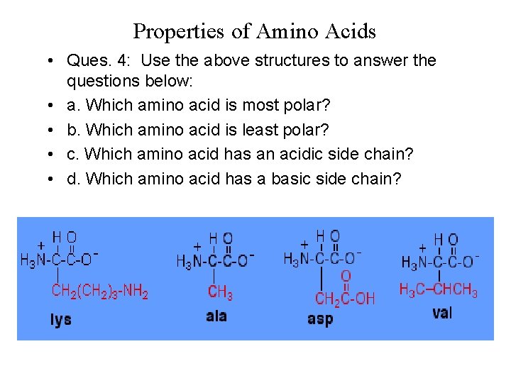 Properties of Amino Acids • Ques. 4: Use the above structures to answer the