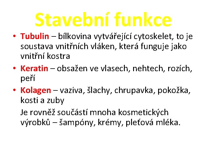 Stavební funkce • Tubulin – bílkovina vytvářející cytoskelet, to je soustava vnitřních vláken, která