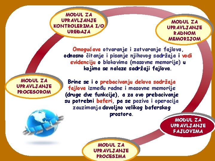 MODUL ZA UPRAVLJANJE KONTROLERIMA I/O UREĐAJA MODUL ZA UPRAVLJANJE RADNOM MEMORIJOM Omogućava otvaranje i