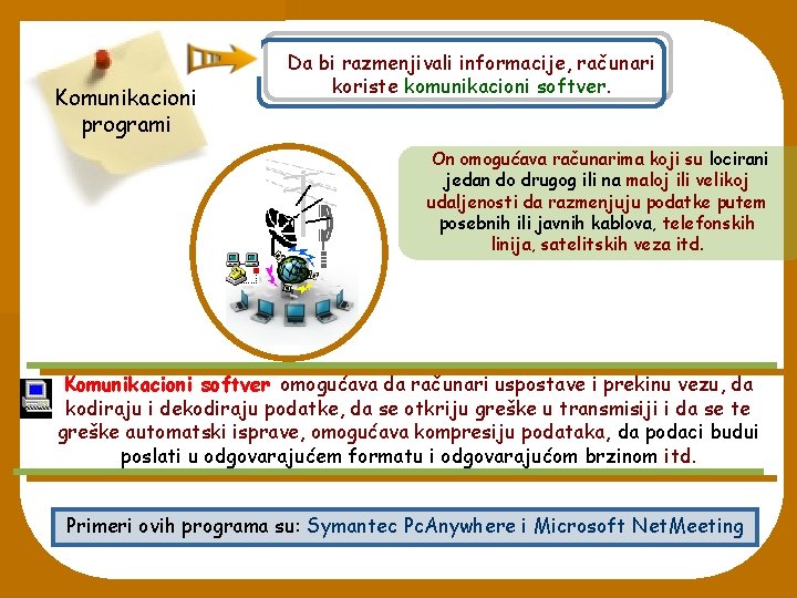 Komunikacioni programi Da bi razmenjivali informacije, računari koriste komunikacioni softver. On omogućava računarima koji