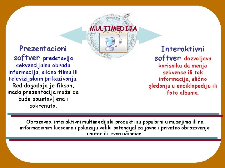 MULTIMEDIJA Prezentacioni softver predstavlja sekvencijalnu obradu informacija, slično filmu ili televizijskom prikazivanju. Red događaja