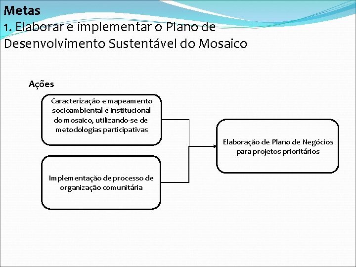 Metas 1. Elaborar e implementar o Plano de Desenvolvimento Sustentável do Mosaico Ações Caracterização