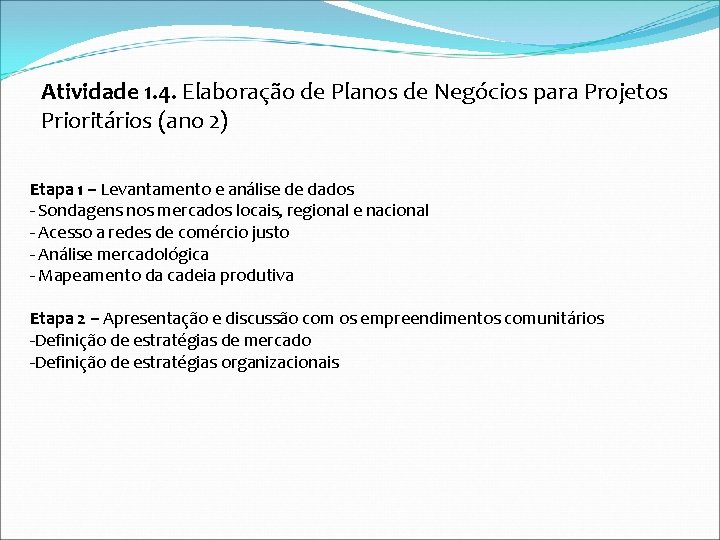 Atividade 1. 4. Elaboração de Planos de Negócios para Projetos Prioritários (ano 2) Etapa