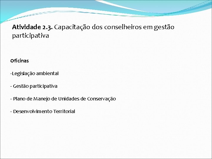 Atividade 2. 3. Capacitação dos conselheiros em gestão participativa Oficinas -Legislação ambiental - Gestão