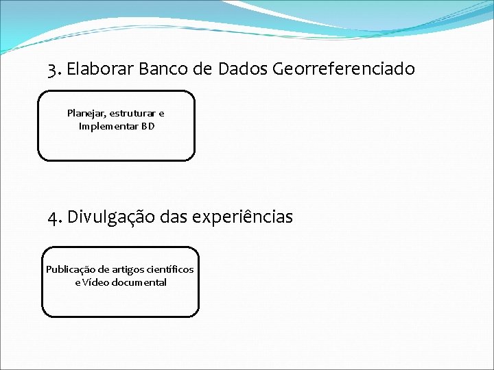 3. Elaborar Banco de Dados Georreferenciado Planejar, estruturar e Implementar BD 4. Divulgação das