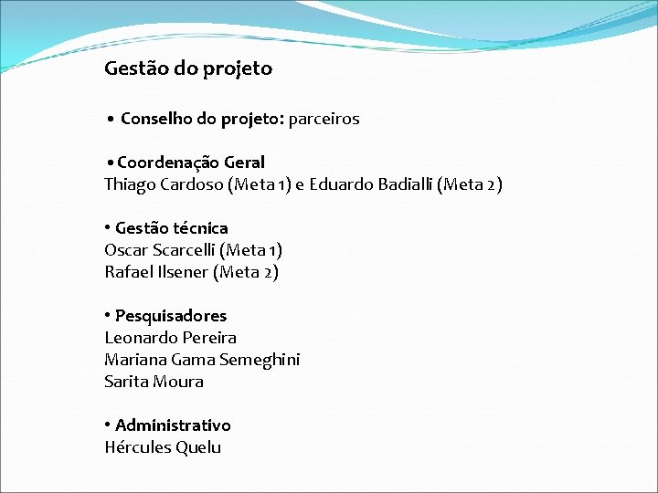 Gestão do projeto • Conselho do projeto: parceiros • Coordenação Geral Thiago Cardoso (Meta