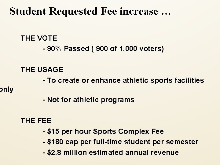 Student Requested Fee increase … THE VOTE - 90% Passed ( 900 of 1,