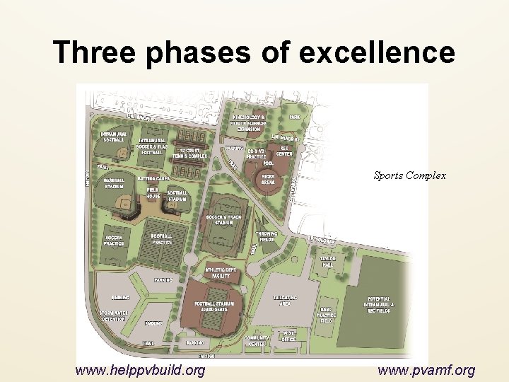 Three phases of excellence Sports Complex www. helppvbuild. org www. pvamf. org 