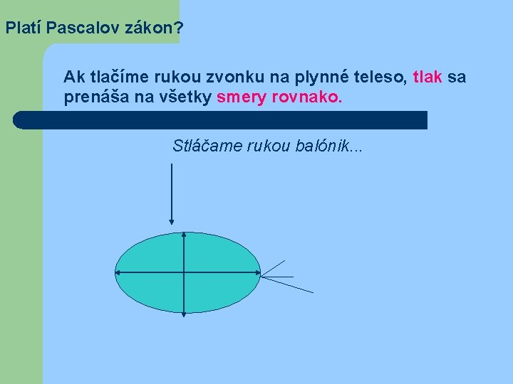 Platí Pascalov zákon? Ak tlačíme rukou zvonku na plynné teleso, tlak sa prenáša na