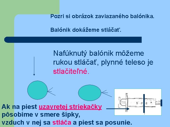 Pozri si obrázok zaviazaného balónika. Balónik dokážeme stláčať. Nafúknutý balónik môžeme rukou stláčať, plynné