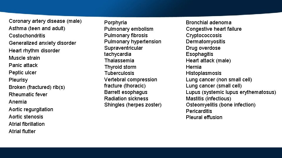 Coronary artery disease (male) Asthma (teen and adult) Costochondritis Generalized anxiety disorder Heart rhythm