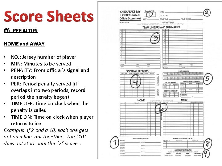 Score Sheets #6 PENALTIES HOME and AWAY • NO. : Jersey number of player